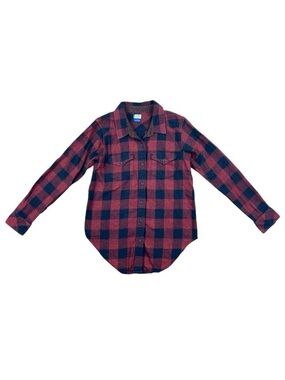 Kavu black and red plaid button down flannel shirt with brown corduroy elbows